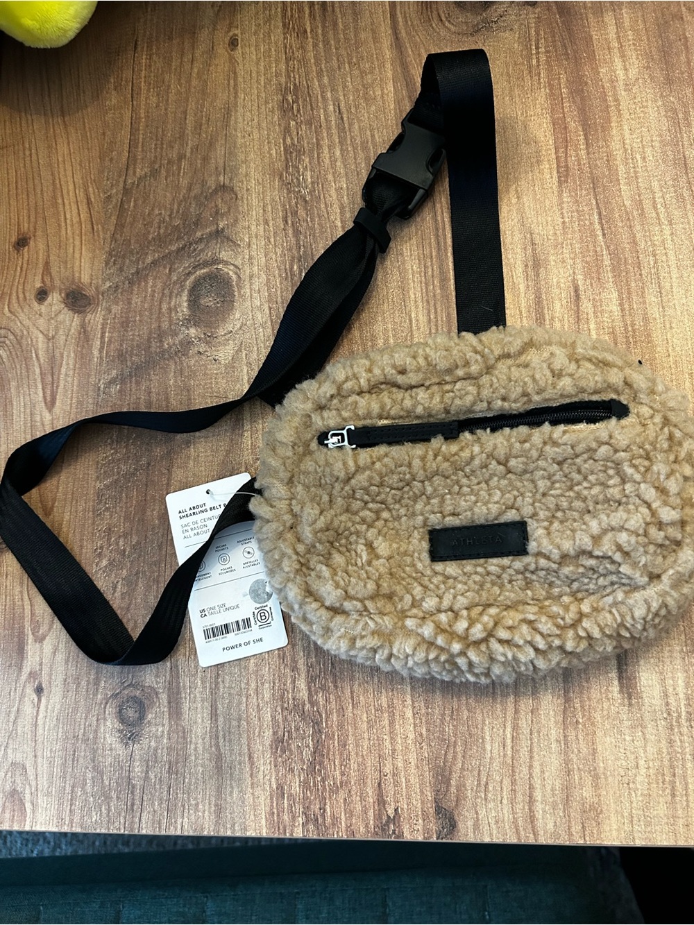 Athleta Tan Sherpa Fleece Crossbody Belt Bag with Black Strap
